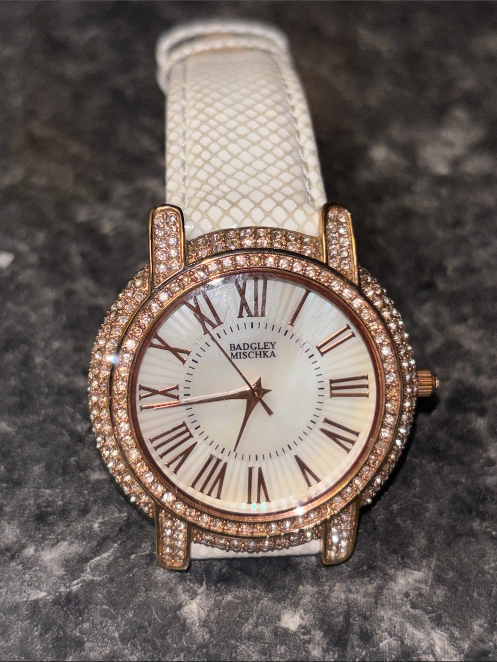 Badgley Mischka Women's White and Rose Gold Crystal Watch